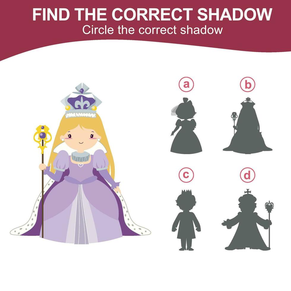 Find the correct shadow. Matching shadow game for children. Worksheet for kid. Educational printable worksheet. Vector illustration.