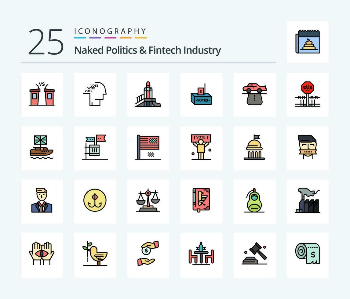 Naked Politics And Fintech Industry 25 Line Filled icon pack including election. bribe. referendum. political. nuclear vector