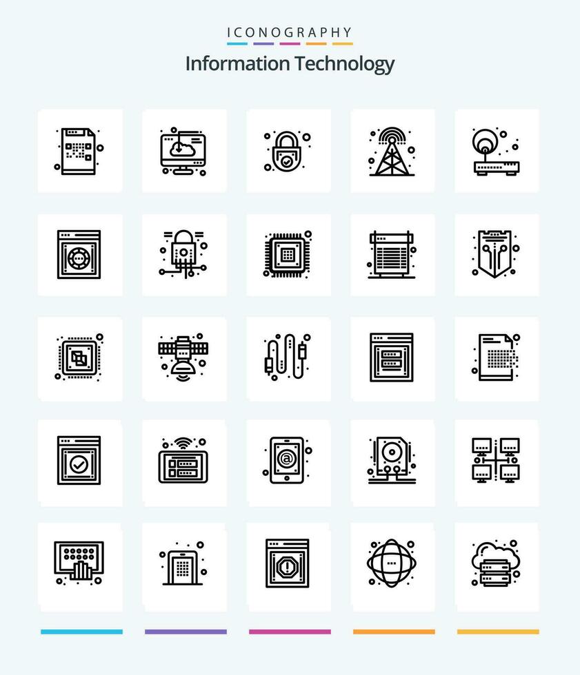 Creative Information Technology 25 OutLine icon pack  Such As radio. broadcasting. installation. security. safe vector
