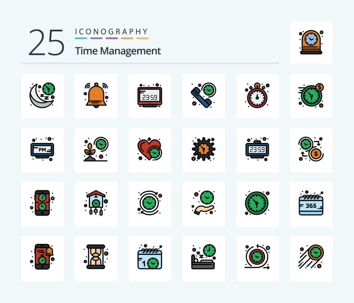 Time Management 25 Line Filled icon pack including summary. duration. signal. call. computer time vector