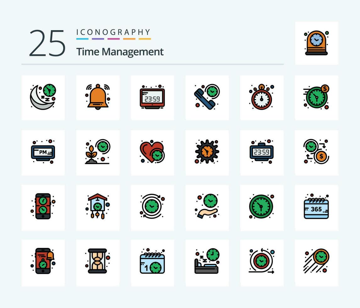 hora administración 25 línea lleno icono paquete incluso resumen. duración. señal. llamar. computadora hora vector