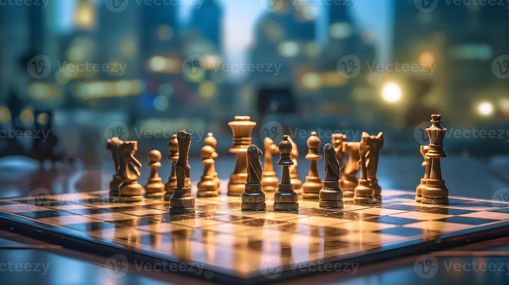 ajedrez tablero en un mesa con un alto edificio detrás eso generado ai foto