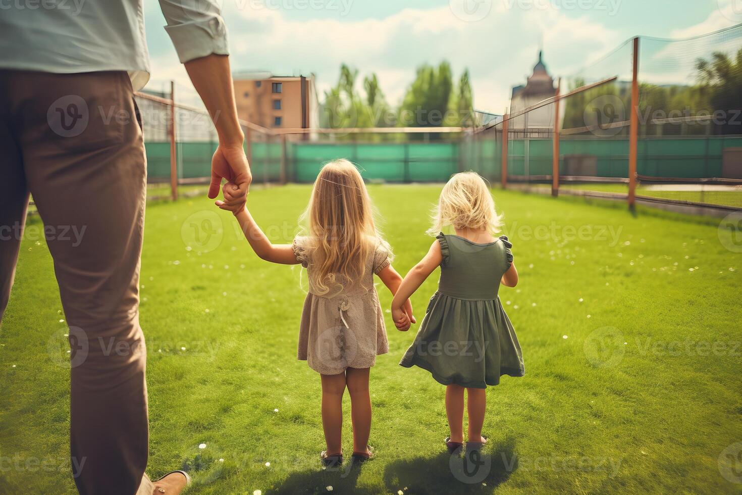 two daughters with their father on a playground with green grass photo