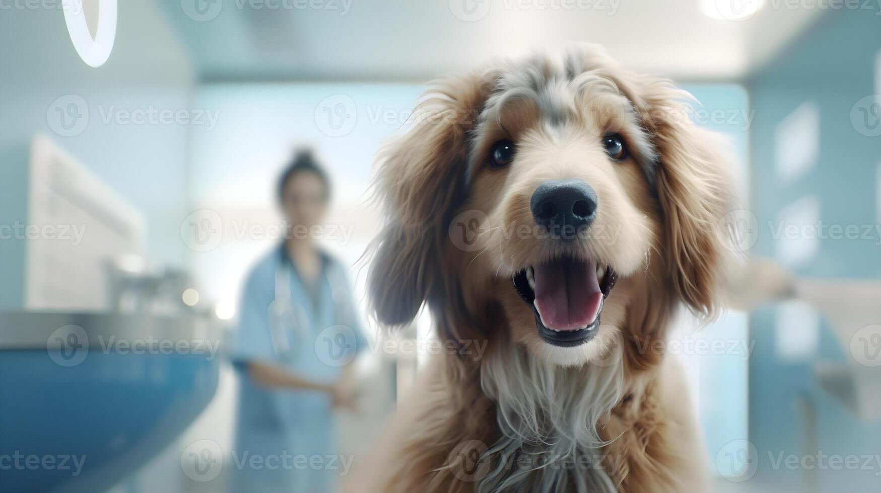 dog with a big smile after surgery with a background doctor behind him photo
