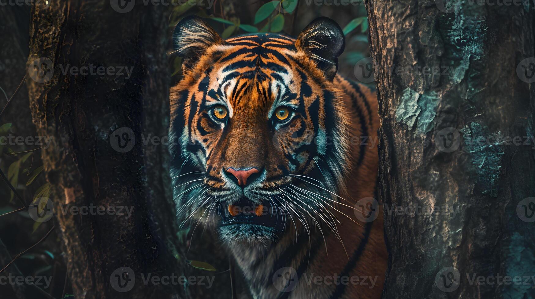 close up of a dashing and ferocious tiger in a forest photo