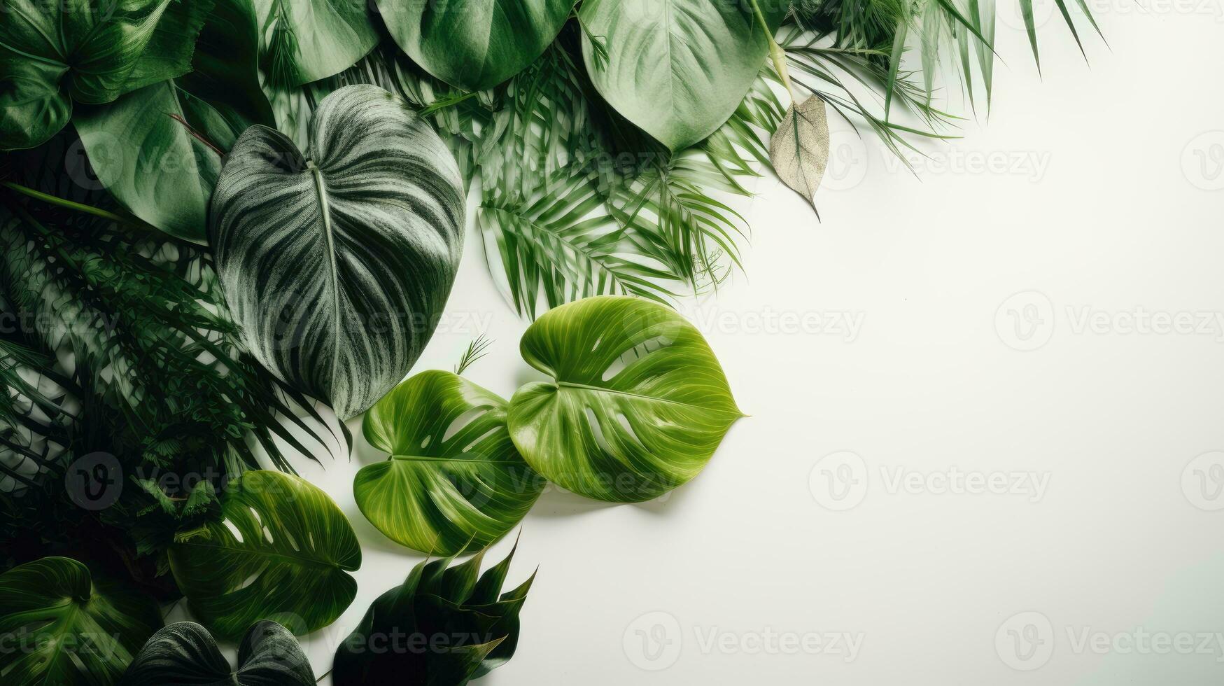 tropical hojas monstera y palma en blanco antecedentes generado ai foto