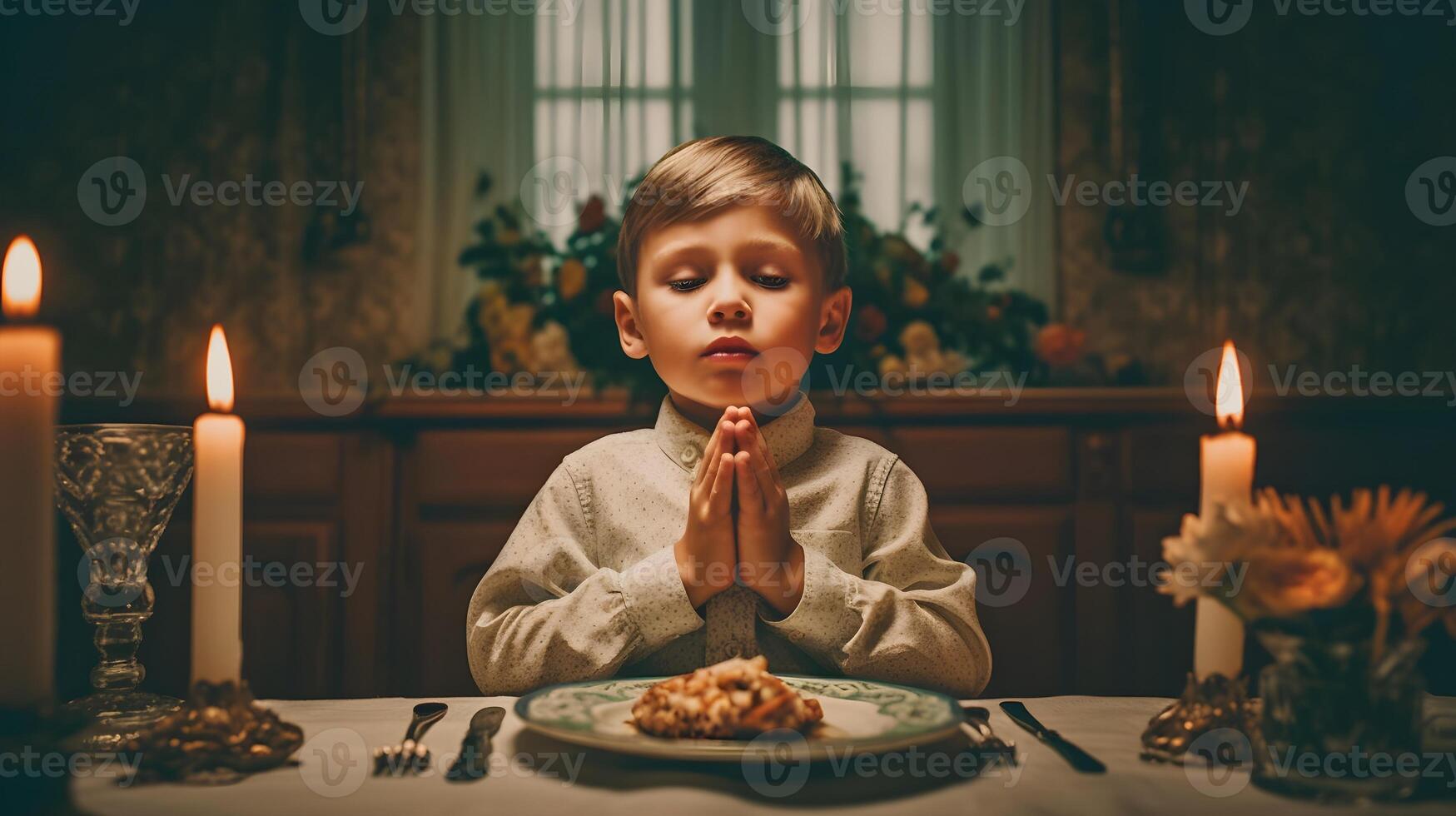 un niño reza en frente de comida en un mesa en un comida habitación ai generado foto