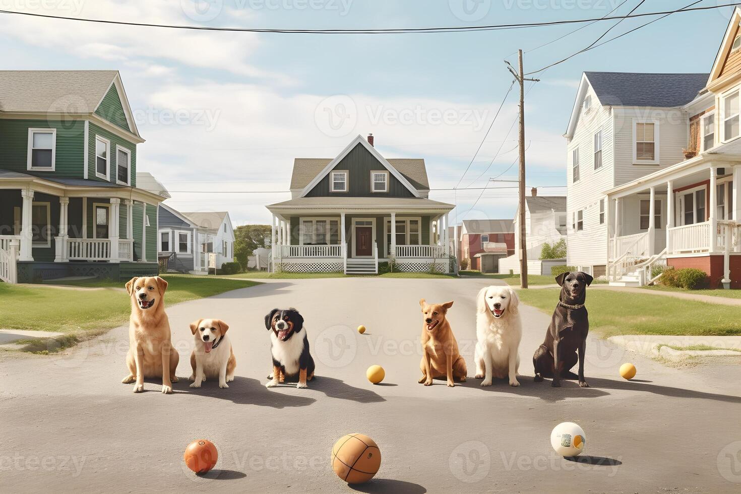 a pack of dogs in front of a housing estate with a ball around it photo