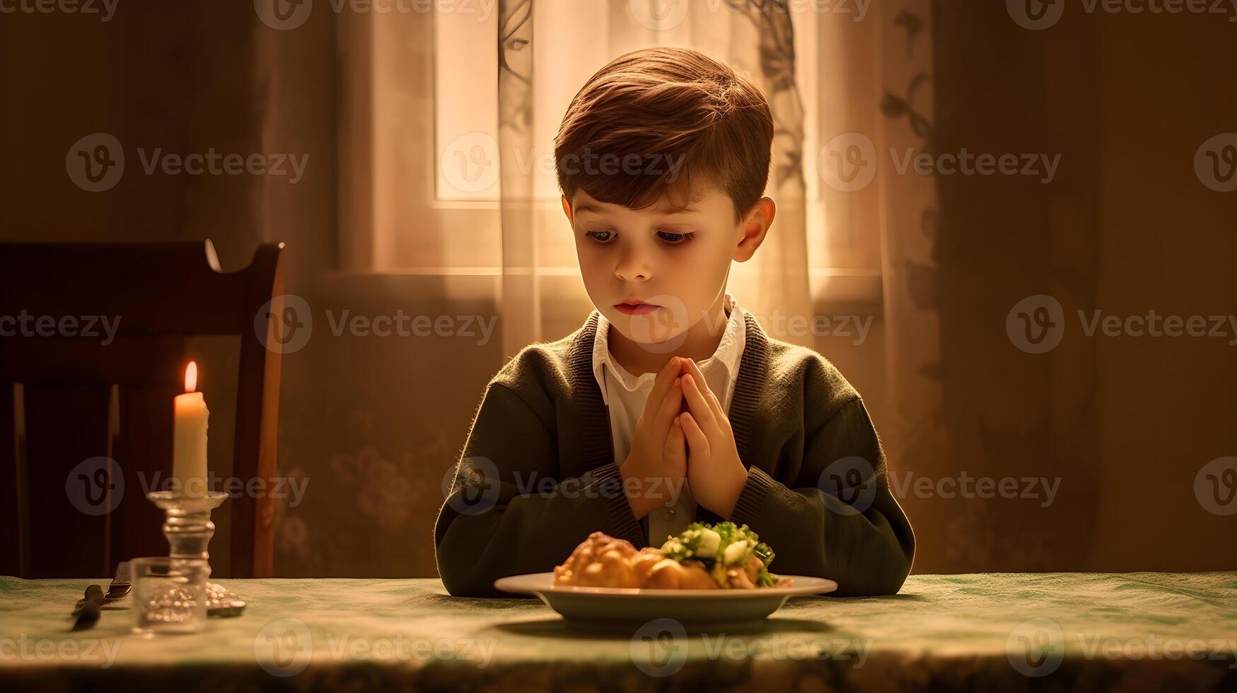 a child praying with food in front of him photo