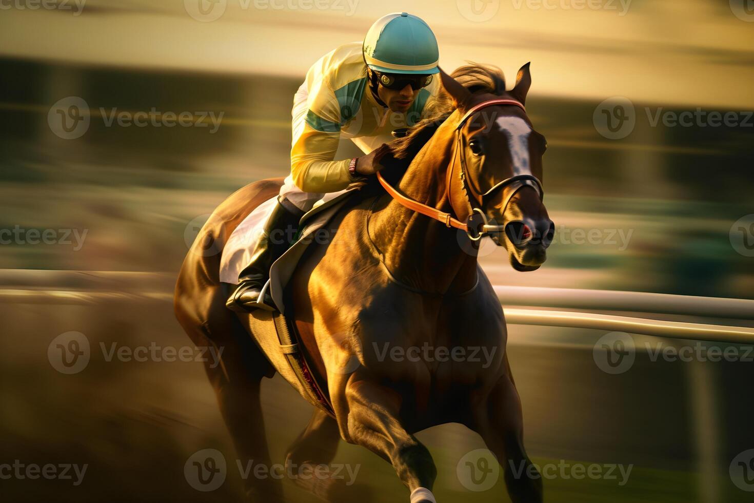 man riding horse with fast movement in horse racing competition photo