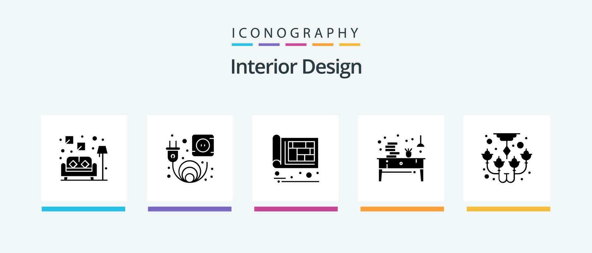 Interior Design Glyph 5 Icon Pack Including chandelier. paper. construction. office. desk. Creative Icons Design vector