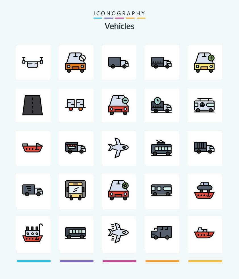 creativo vehículos 25 línea lleno icono paquete tal como más. coche. apagado. agregar. transporte vector