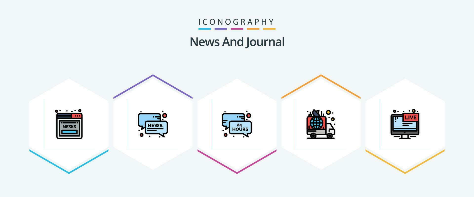 Noticias 25 línea de relleno icono paquete incluso televisor. coche. horas. transmisión. anuncio vector