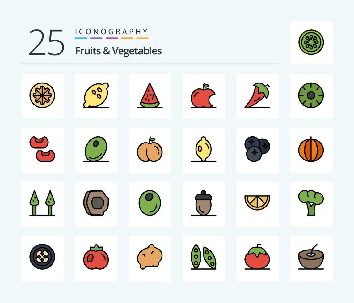 frutas y vegetales 25 línea lleno icono paquete incluso vegetales. ingrediente. frutas alimento. intelecto vector