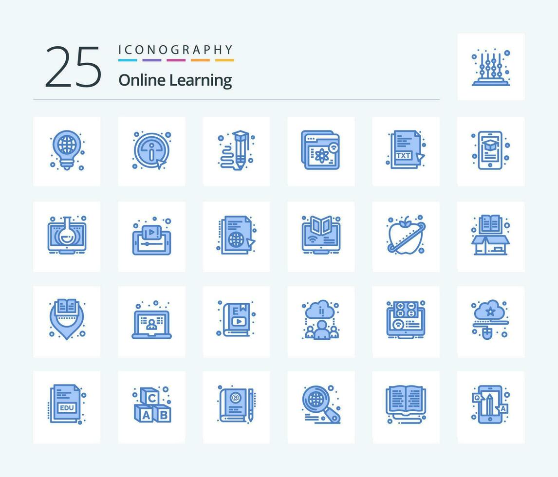 Online Learning 25 Blue Color icon pack including education. e. information. website. pencil vector