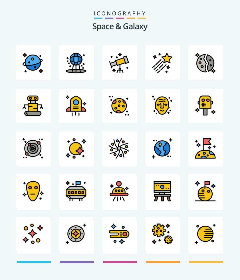 Creative Space And Galaxy 25 Line FIlled icon pack  Such As planet. destroyed. space. astronomy. space vector