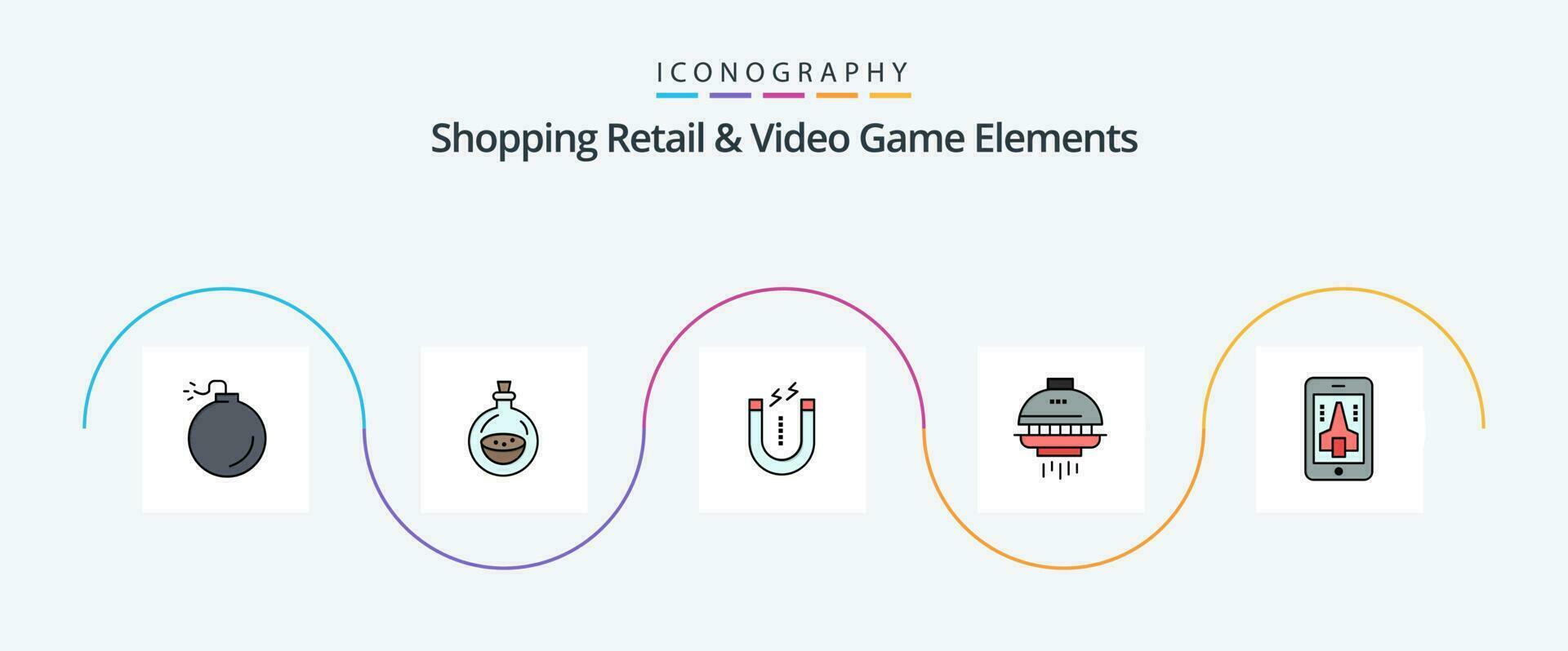 Shoping Retail And Video Game Elements Line Filled Flat 5 Icon Pack Including mobile. game. attract. ufo. shuttle vector