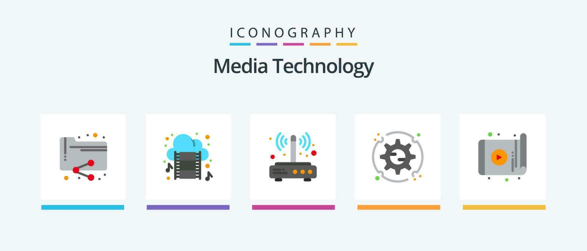 medios de comunicación tecnología plano 5 5 icono paquete incluso aplicación configuración. módem. ajuste. inalámbrico. creativo íconos diseño vector