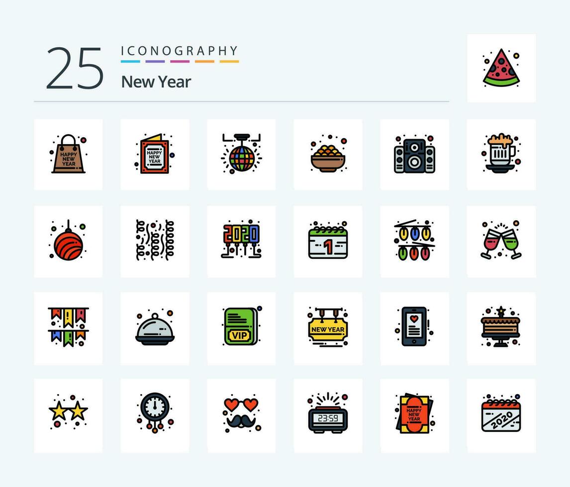 New Year 25 Line Filled icon pack including sweet. grocery. new. bowl. light ball vector