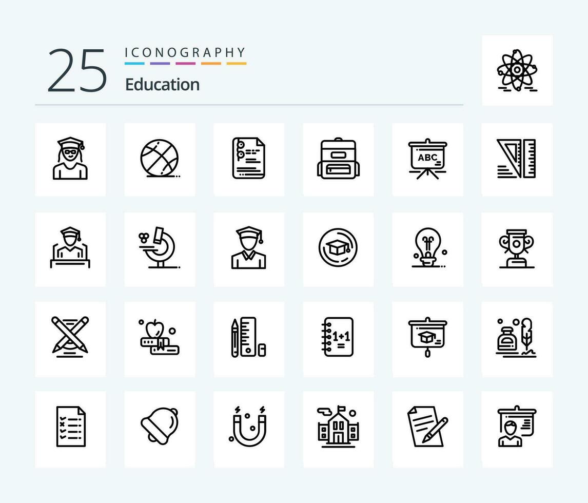 educación 25 línea icono paquete incluso herramientas. educación. archivo. bolsa para la escuela. bolso vector