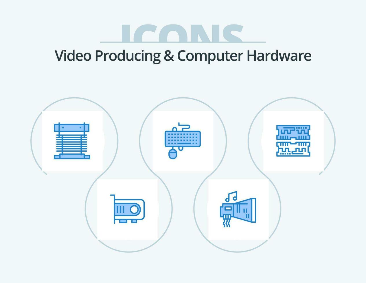 Video Producing And Computer Hardware Blue Icon Pack 5 Icon Design. mouse. interface. music. device. cpu vector