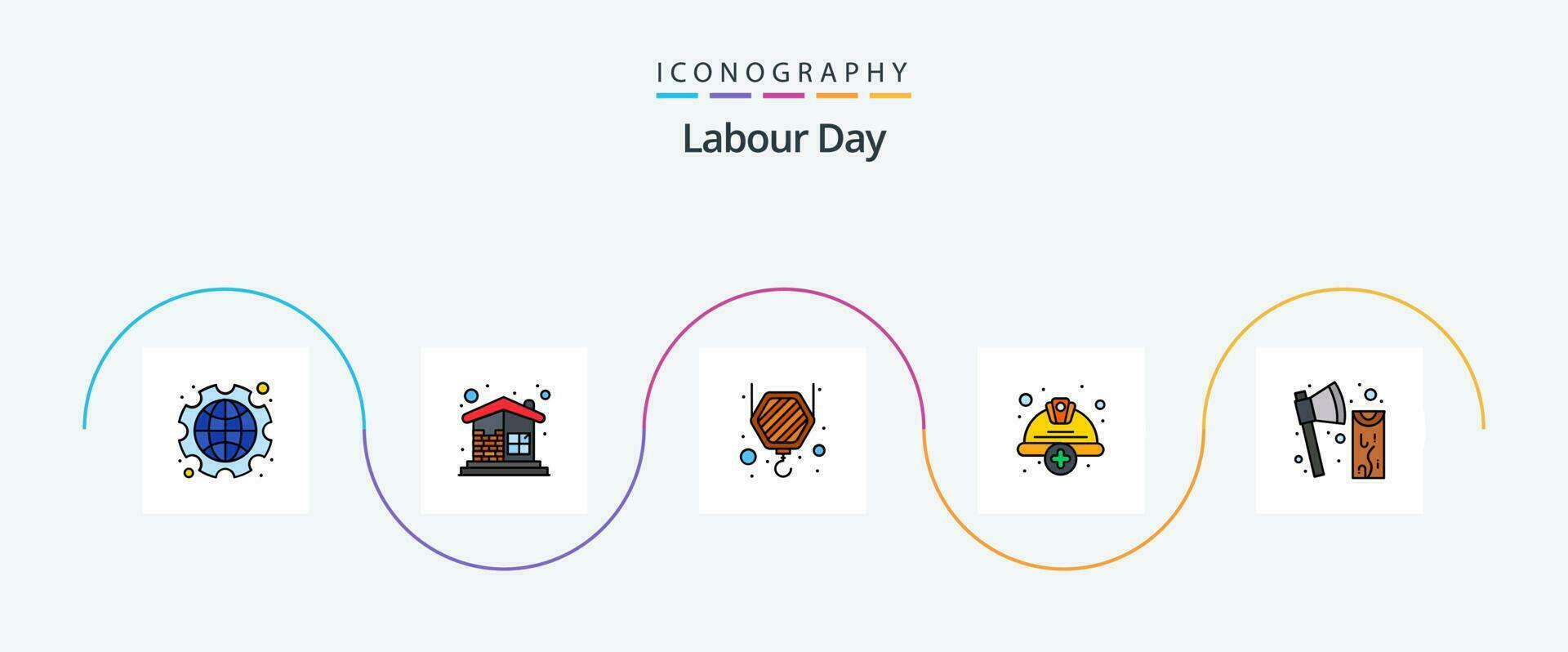 labor día línea lleno plano 5 5 icono paquete incluso mano de obra. duro. hogar. gorra. gancho vector