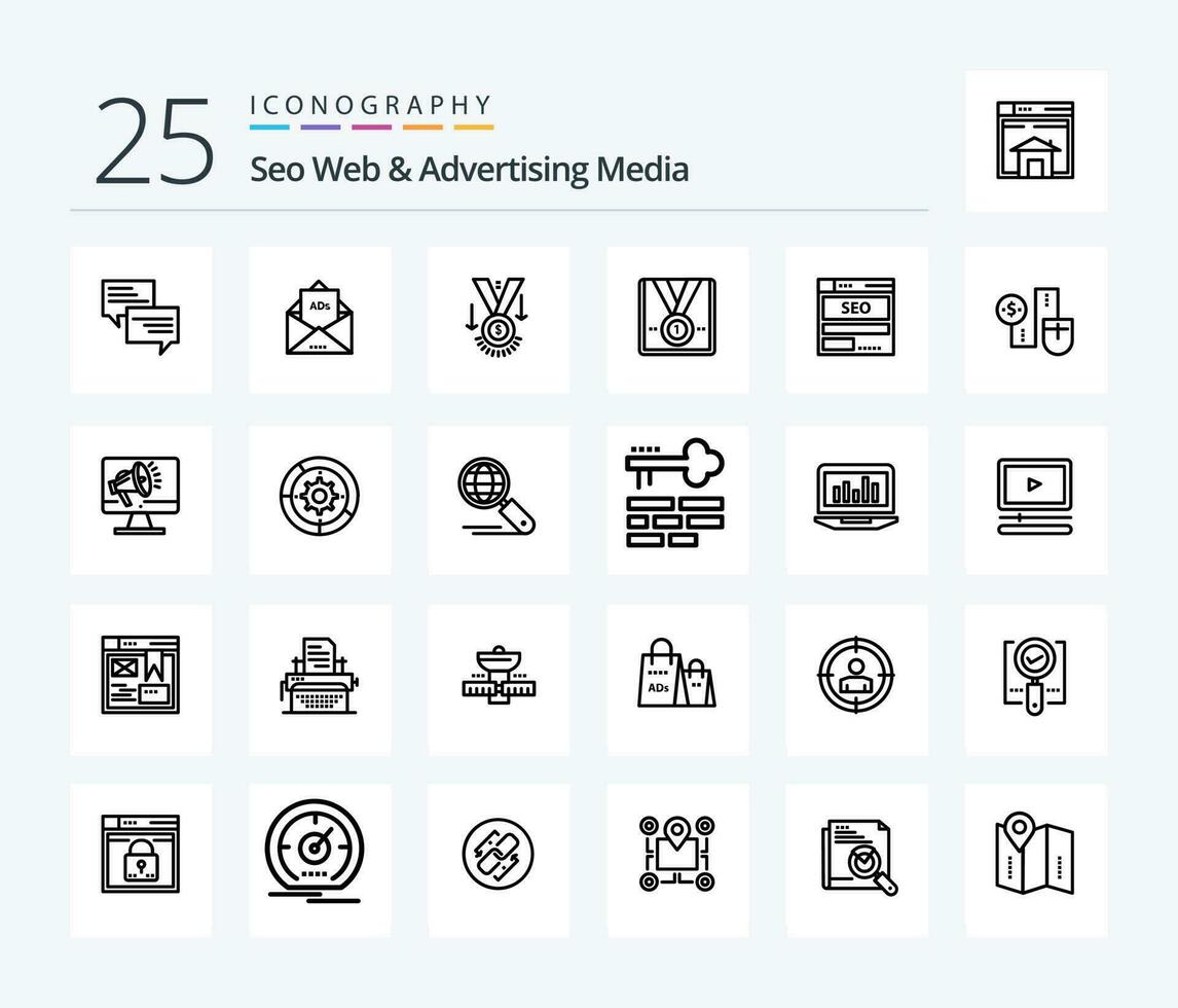 Seo Web And Advertising Media 25 Line icon pack including data. website. letter. trophy. star vector