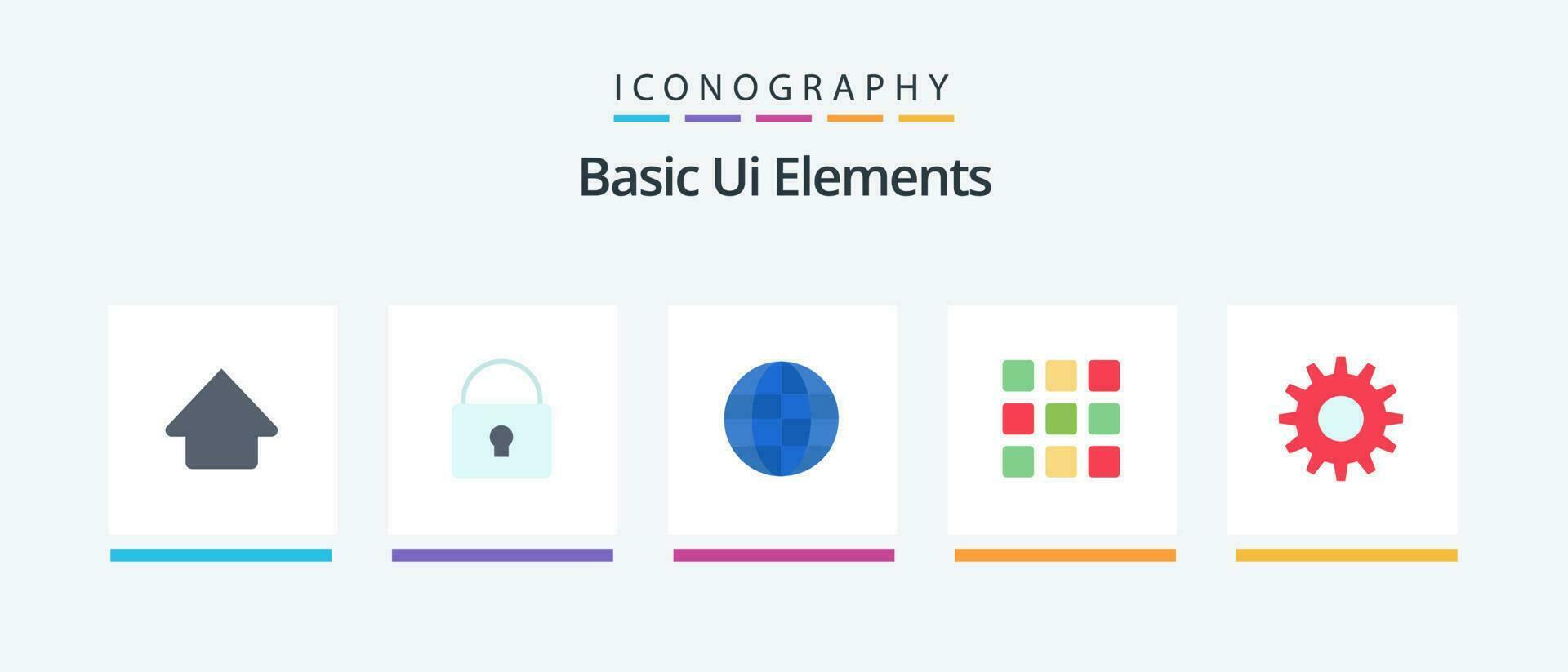 Basic Ui Elements Flat 5 Icon Pack Including setting. cog. globe. squares. grid. Creative Icons Design vector