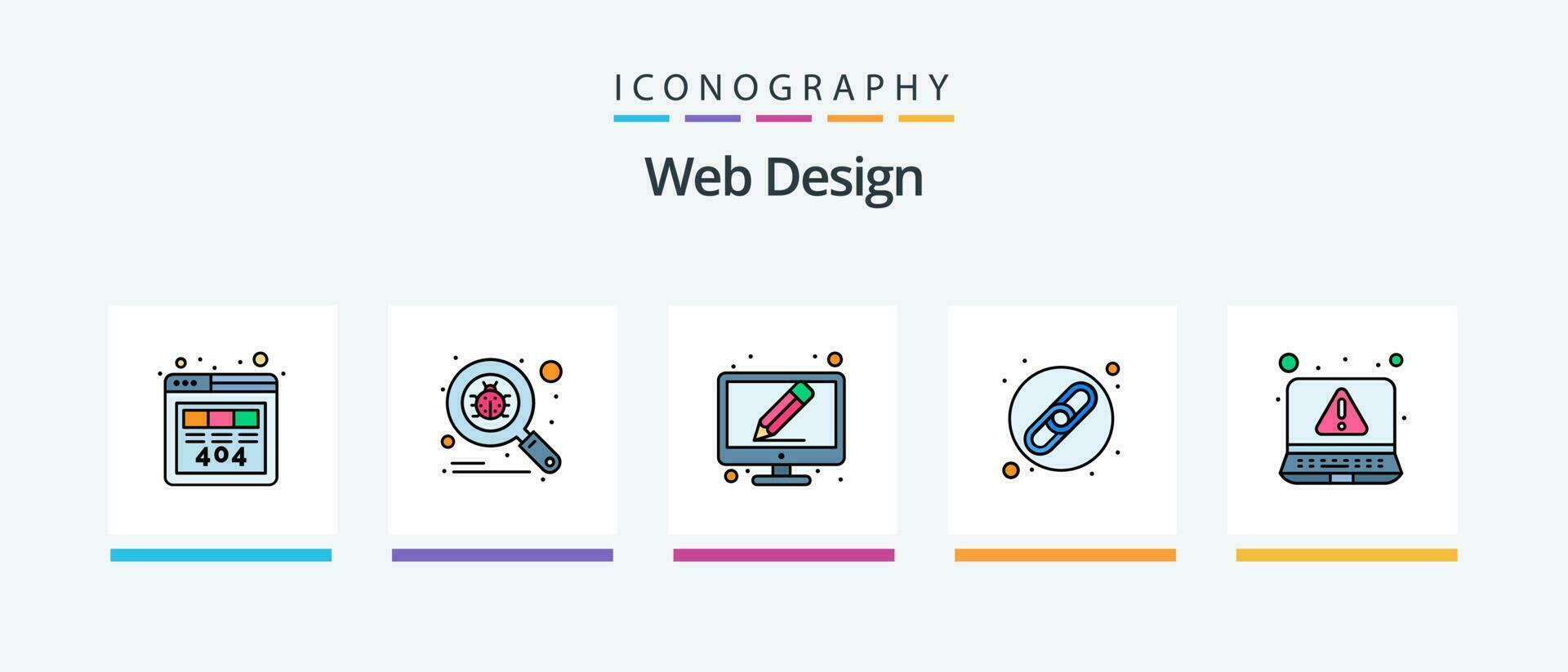 Web Design Line Filled 5 Icon Pack Including badge. search worldwide. work. magnify glass. online. Creative Icons Design vector