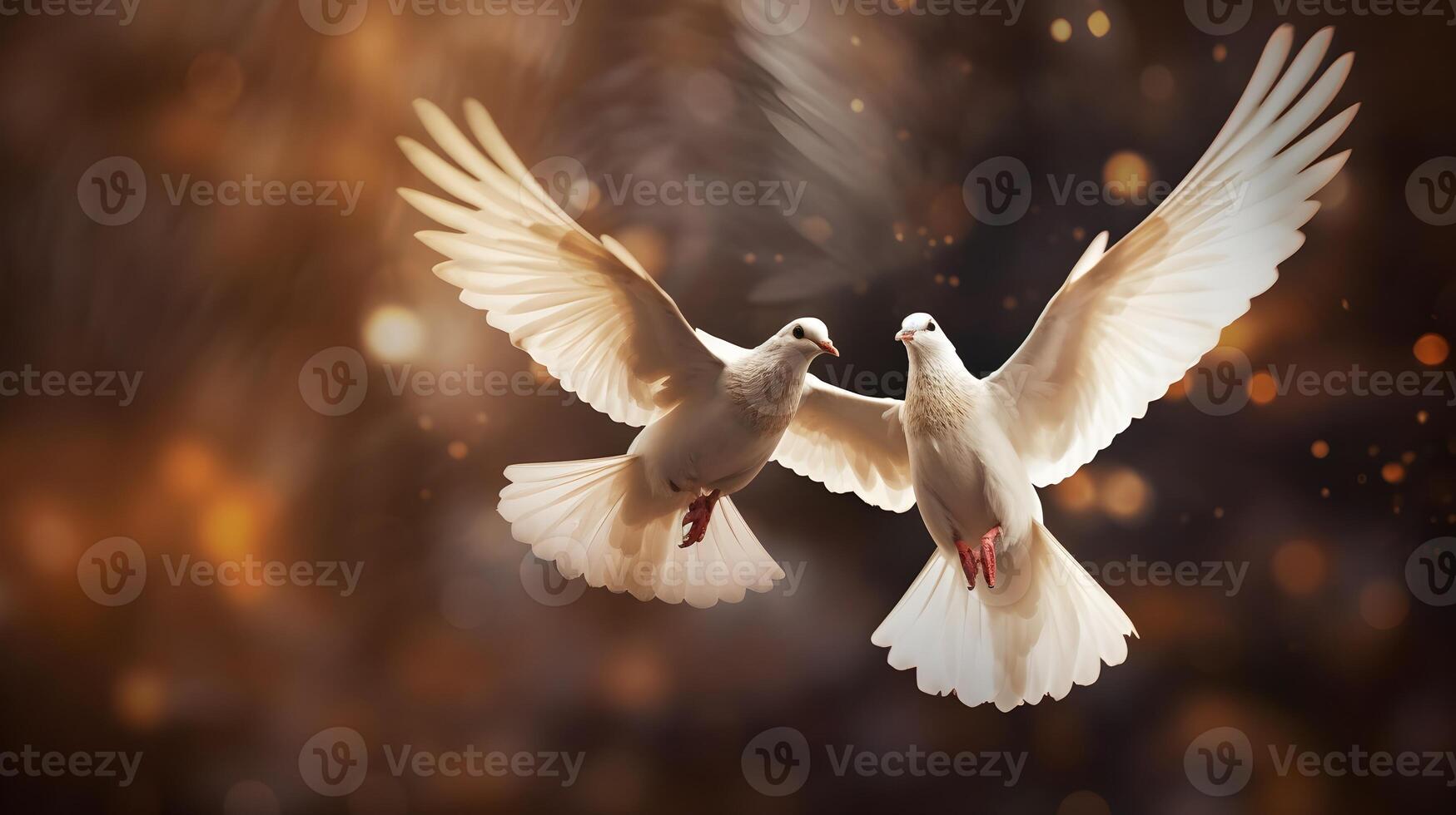 a pair of flying doves with a blurred background photo
