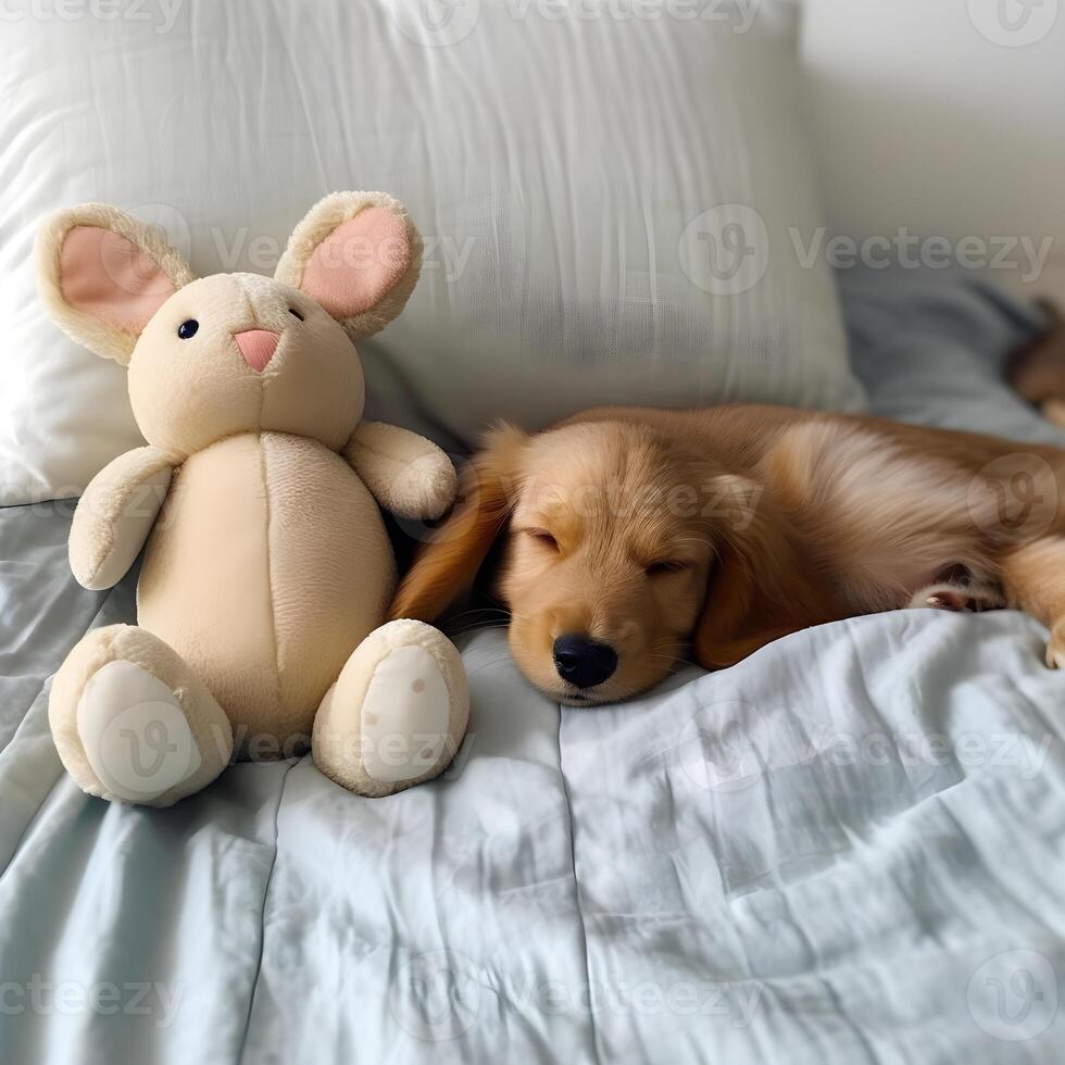a dog with a stuffed bunny on the bed photo