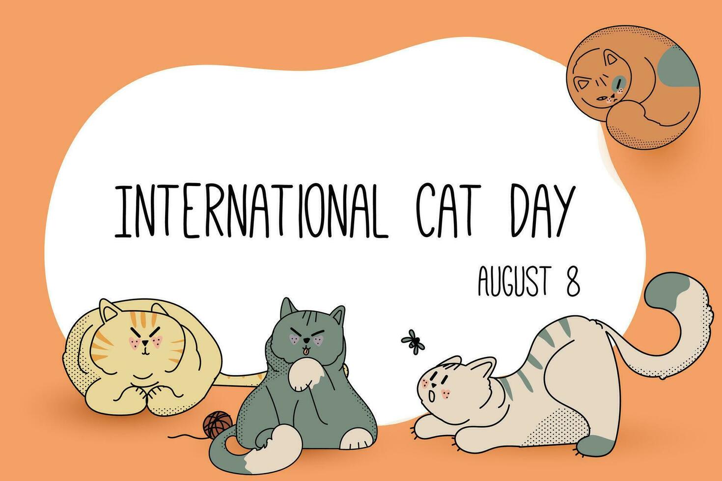 tarjeta postal para el internacional gato día en agosto 8. contento internacional gato día caracteres diseño colección con plano color. ilustración con eslogan para vestir, imprimir, bandera, insignia, póster, pegatina vector