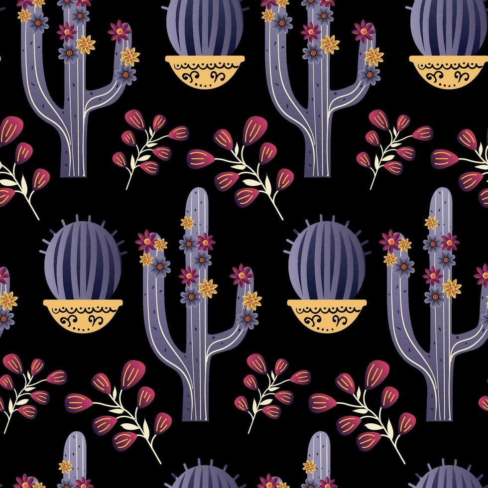 Cacti Seamless Mexican Pattern. Vector illustration. Print materials such as posters, banners, or flyers for Day of the Dead events or celebrations.