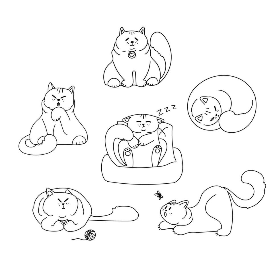 linda colección de gatos. gatitos divertidos domésticos. conjunto de ilustración de vector lineal aislado sobre fondo blanco.