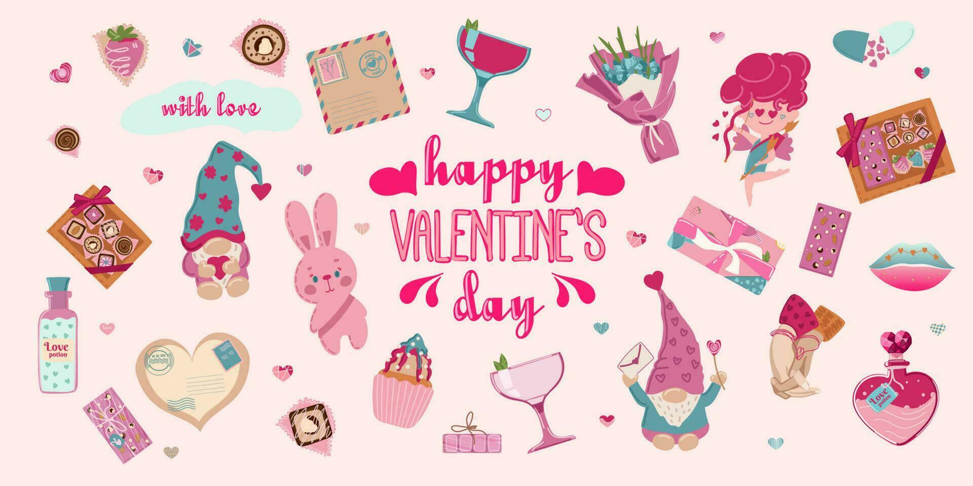Valentine s Day set - labels, emblems and other elements. Vector illustration with cute stickers pack in cartoon style with love symbols for valentine s day. Large collection of clip arts.