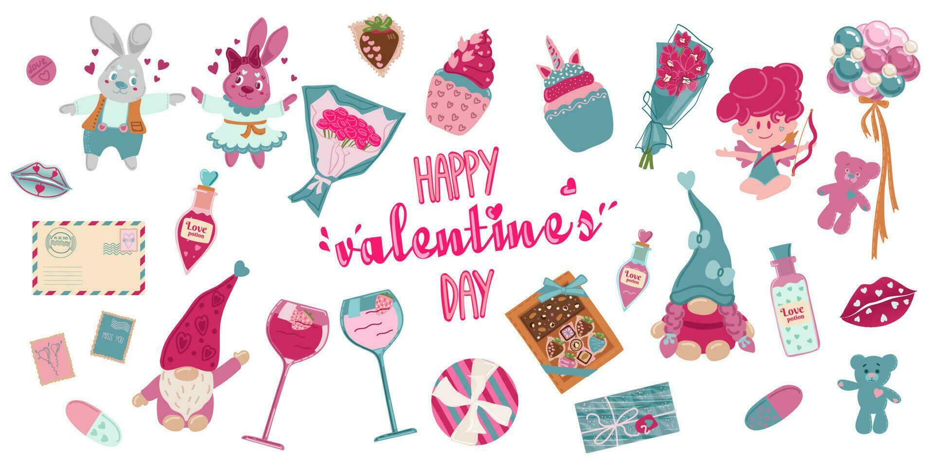 Valentine s Day set - labels, emblems and other elements. Vector illustration with cute stickers pack in cartoon style with love symbols for valentine s day. Large collection of clip arts.