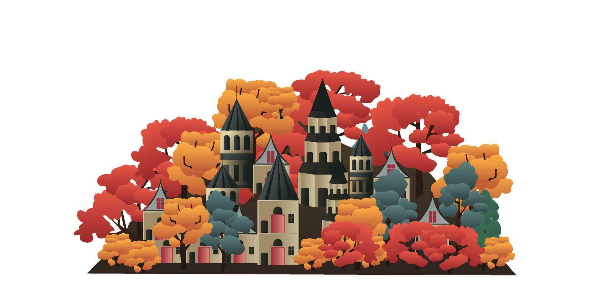 Travel concept. An island with houses. Vector illustration, flat style. Autumn.