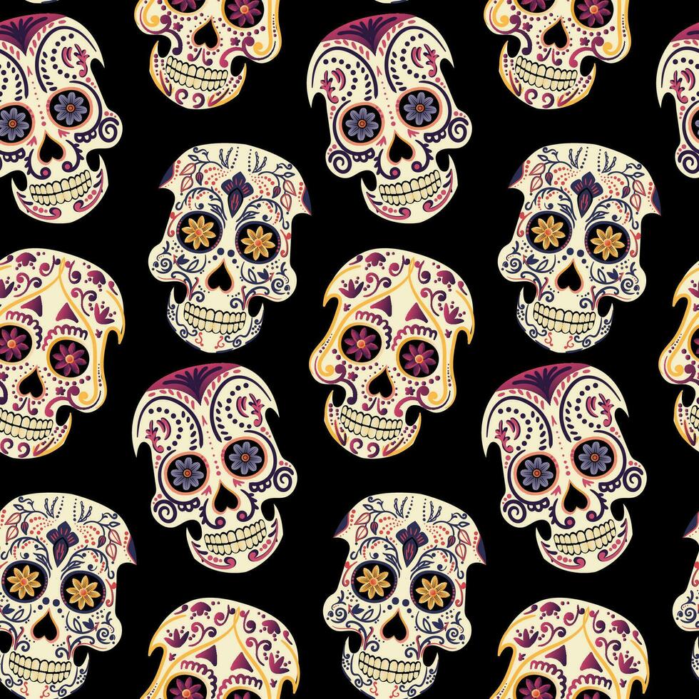 Sugar skulls seamless pattern. The holiday is the day of the dead. Vector illustration. Print materials such as posters, banners, or flyers for Day of the Dead events or celebrations