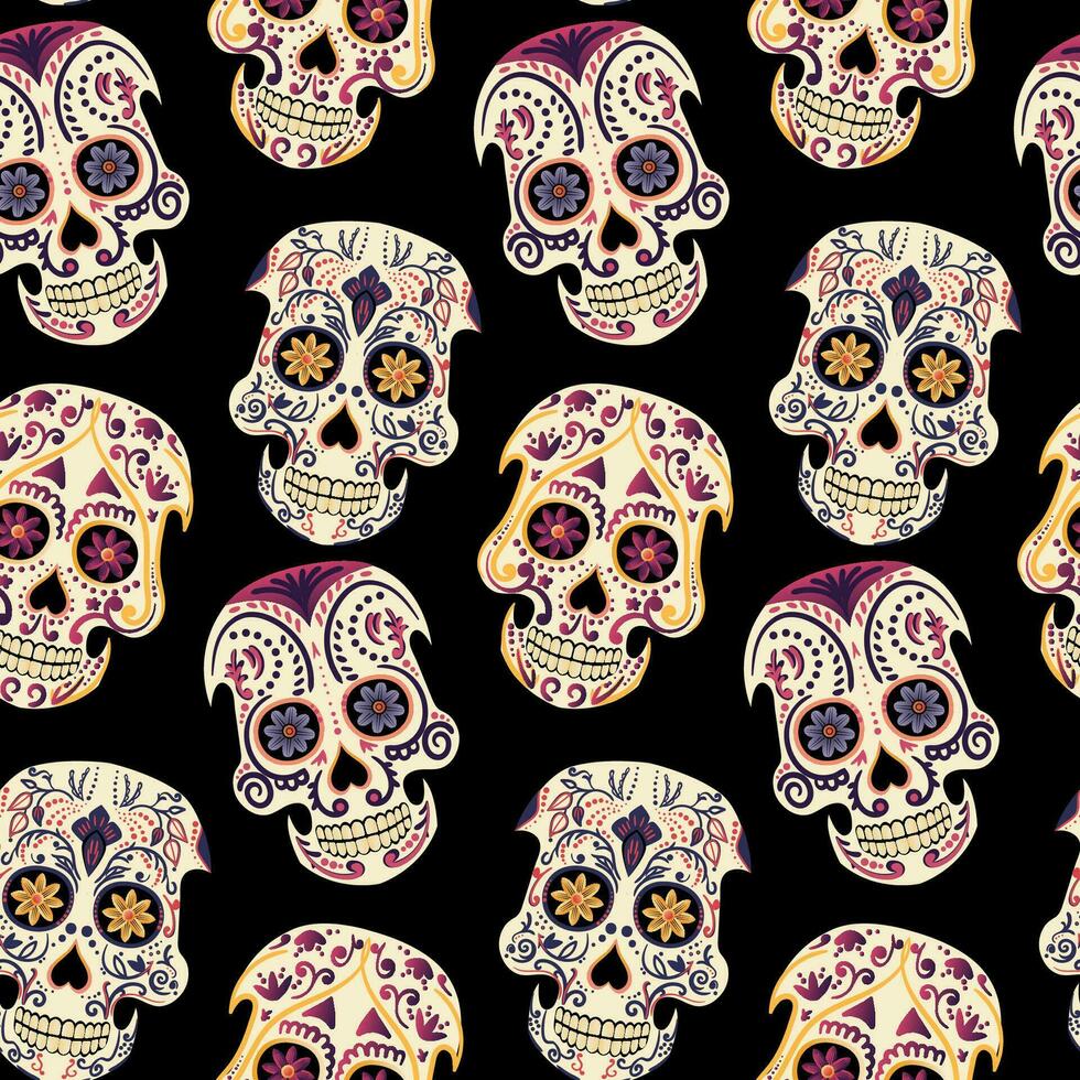 Sugar skulls seamless pattern. The holiday is the day of the dead. Vector illustration. Print materials such as posters, banners, or flyers for Day of the Dead events or celebrations