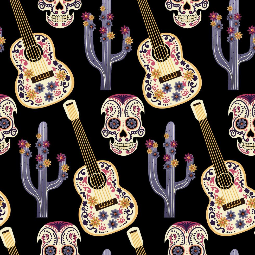 Day of the Dead seamless background. Guitar, skull and cactus. Vector illustration. Good for textile, fabric, wrapping paper