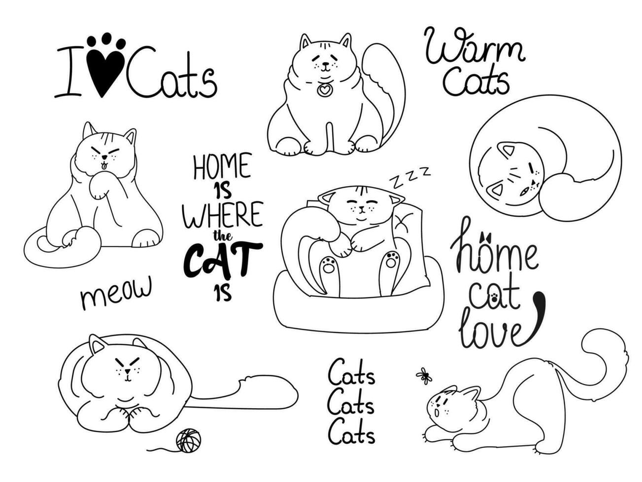 linda colección de gatos. gatitos divertidos domésticos. conjunto de ilustración de vector lineal aislado sobre fondo blanco.