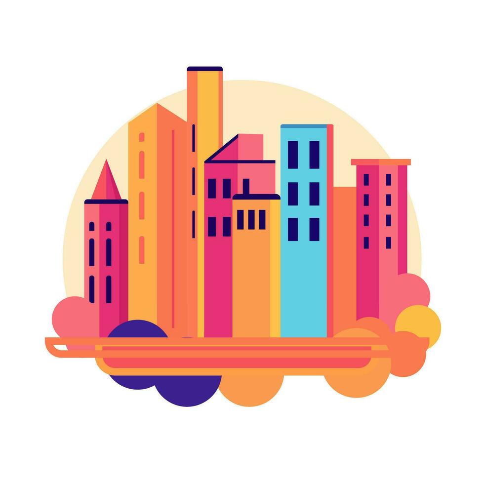 City with buildings. Flat style line vector illustration. Business city center with modern houses. Green park in center of town. Clouds and sky. Park and smart concept.