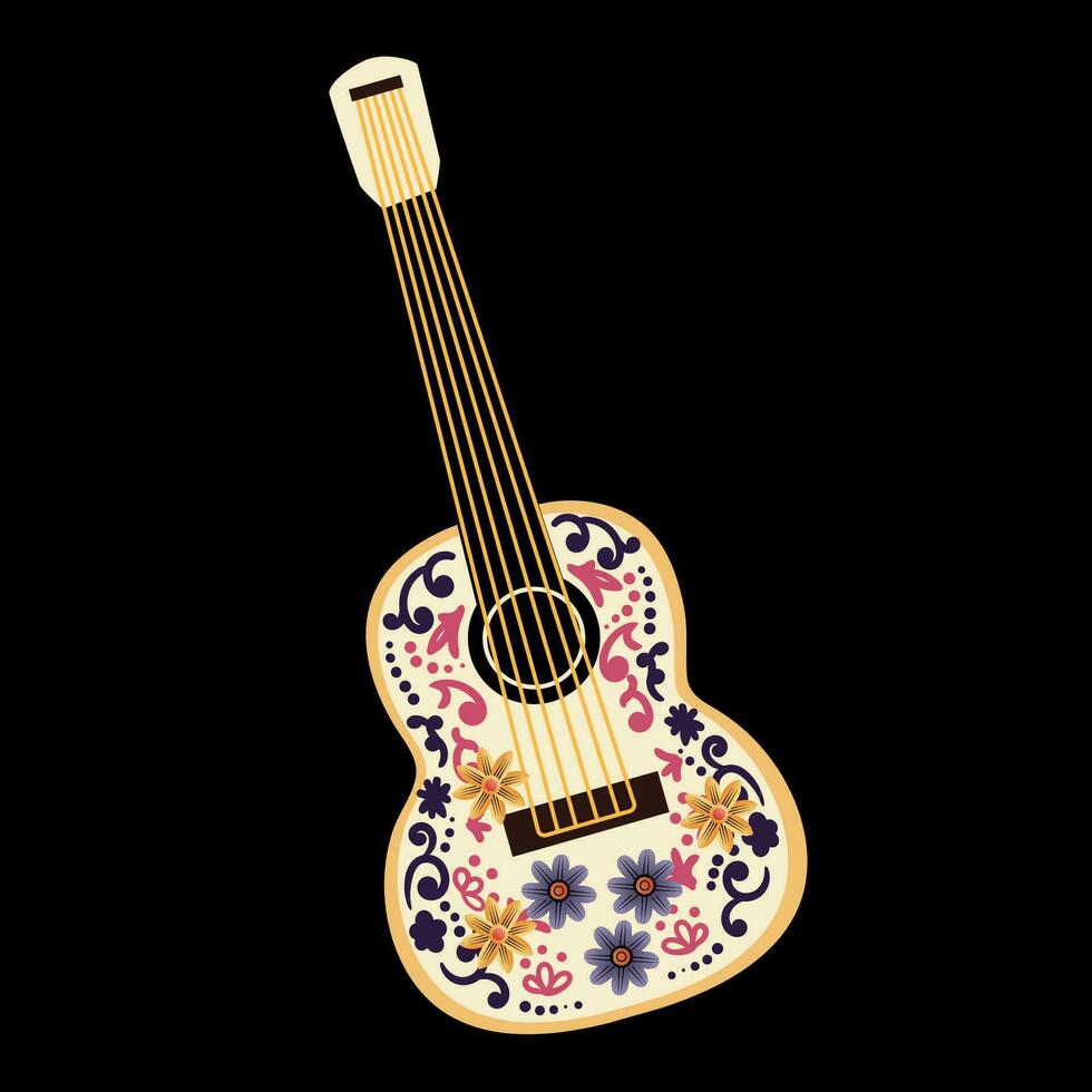 Guitar decorated with flowers. Musical instrument on a black background.Flat style, vector illustration.