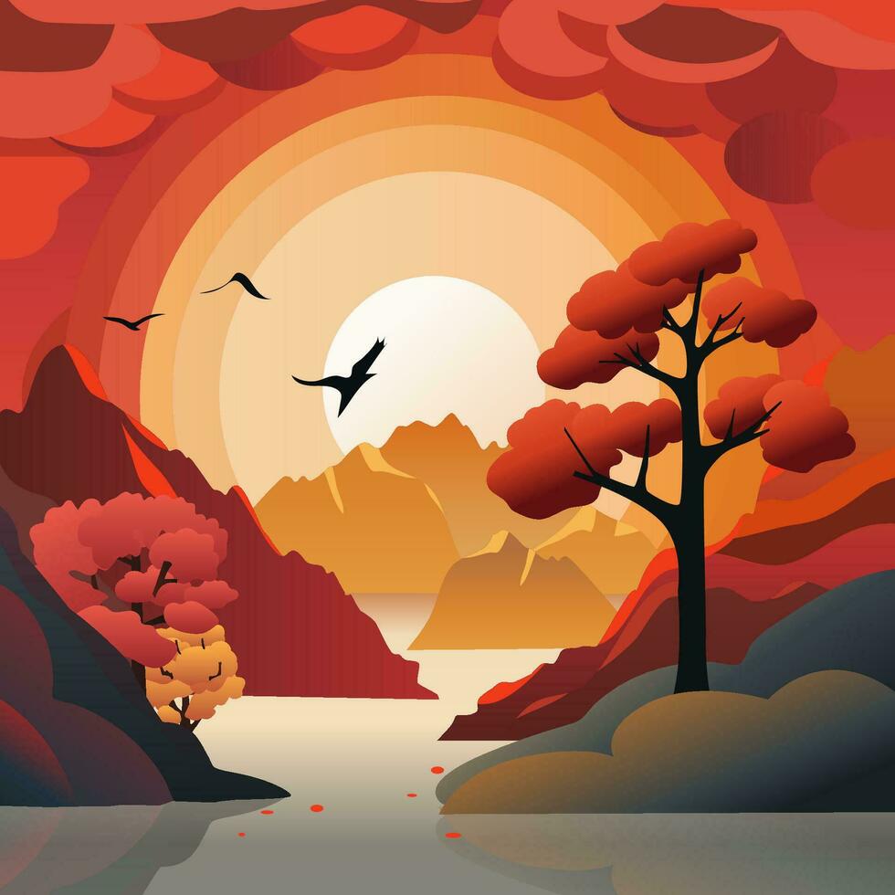 Nature Flat Landscape Illustration in funky cartoon style, Scandinavian style. Environmental protection, ecology. Park, exterior space, outdoor. Vector illustration.