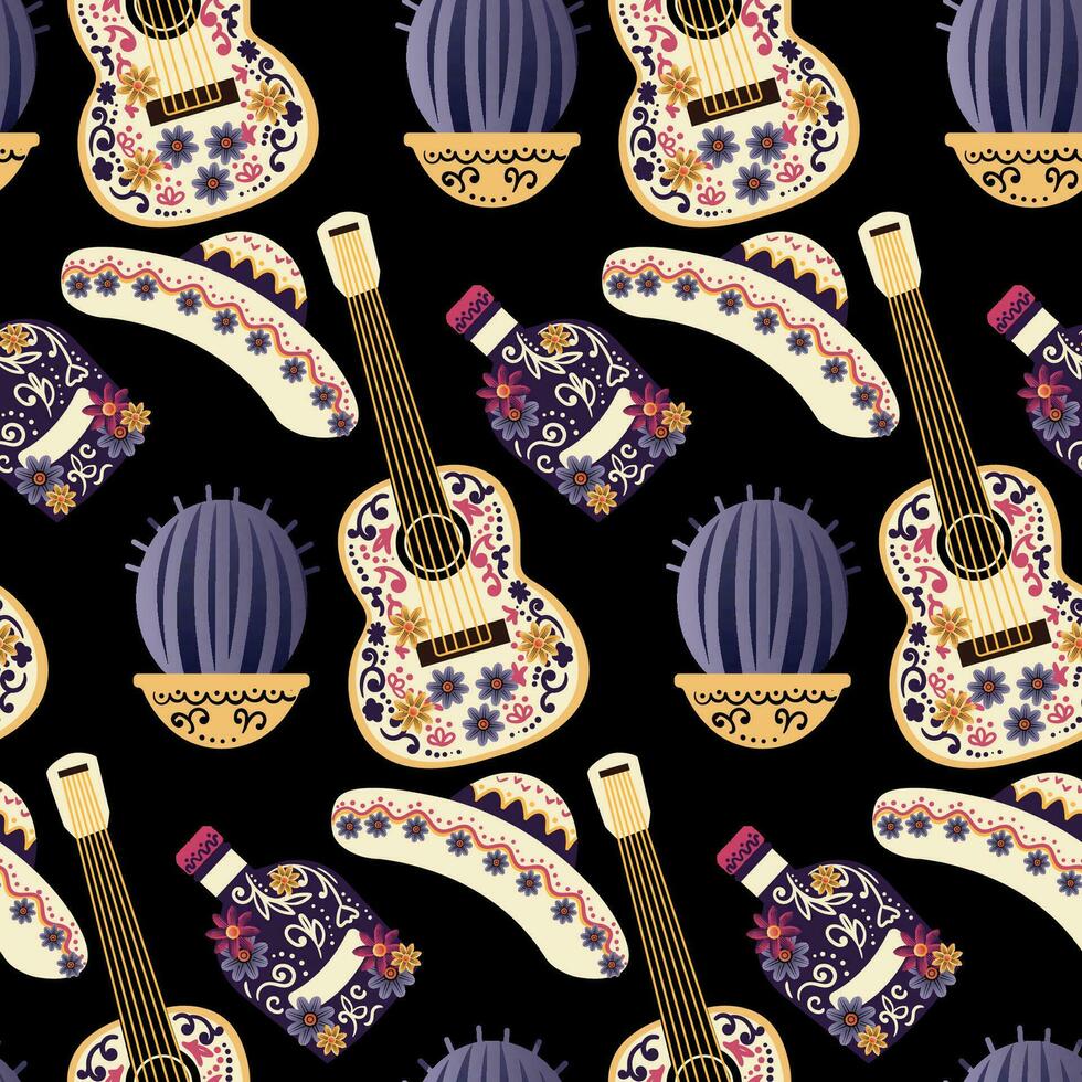 Day of the Dead seamless background. Guitar, skull and cactus. Vector illustration. Good for textile, fabric, wrapping paper
