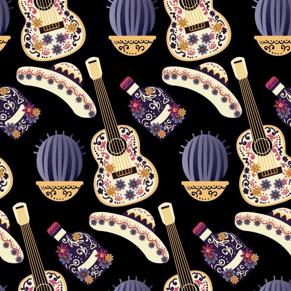 día de el muerto sin costura antecedentes. guitarra, cráneo y cactus. vector ilustración. bueno para textil, tela, envase papel