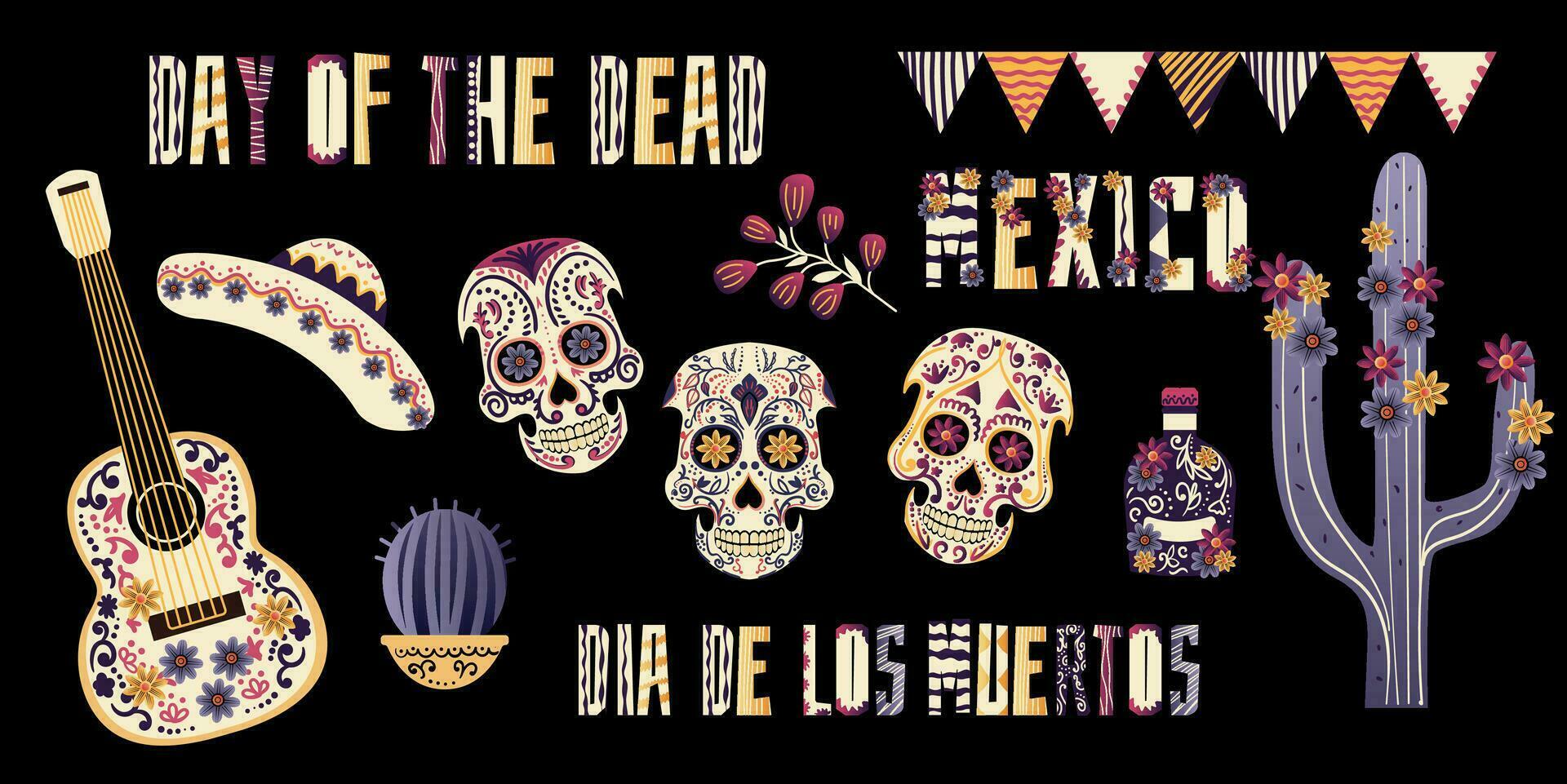 día de el muerto colección con diseño elementos. el ilustración lata ser usado para decorando día de el tema muerto eventos, tal como festivales, fiestas, ropa elementos, tal como camisetas, bufandas vector