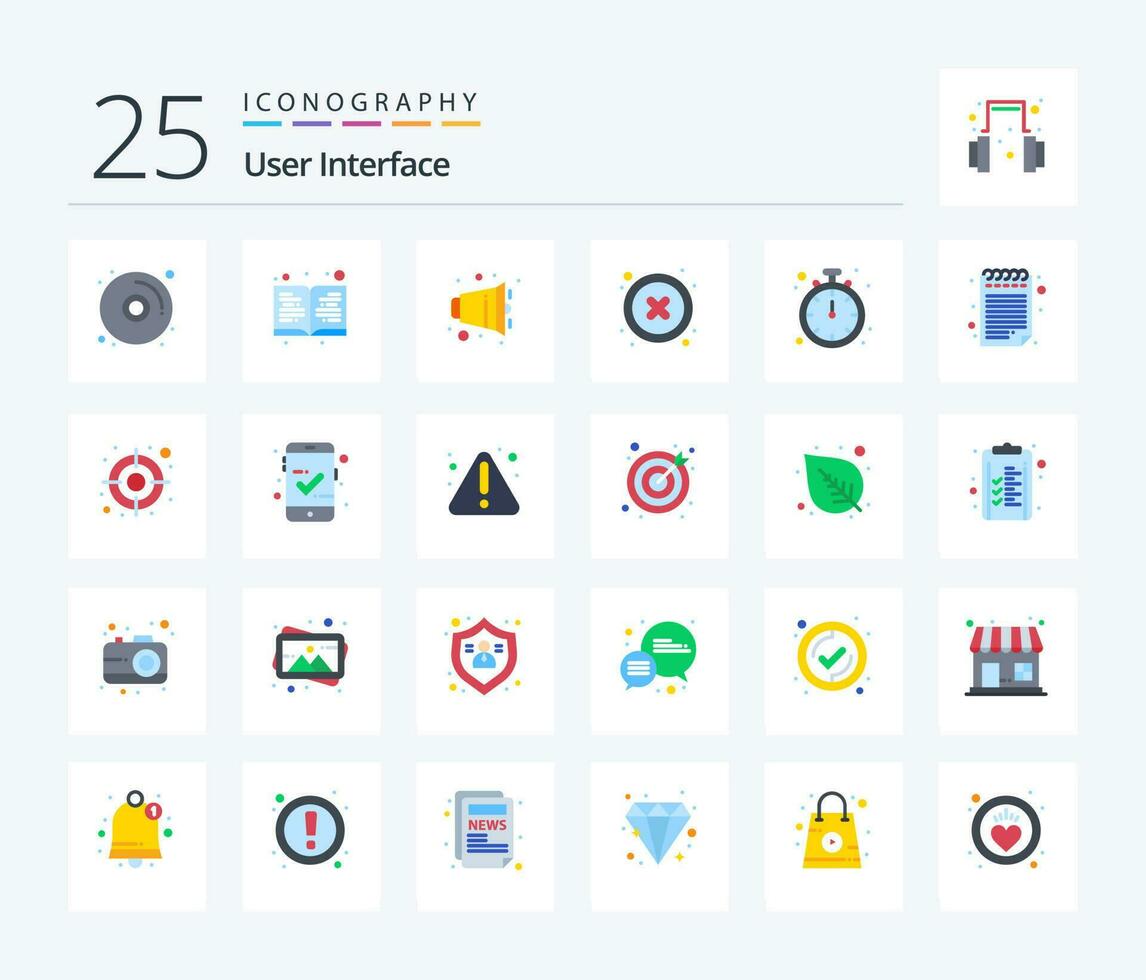 User Interface 25 Flat Color icon pack including fix. watch. volume. stop. interface vector