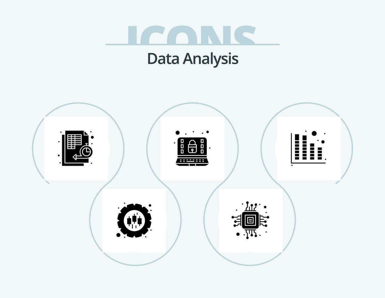 Data Analysis Glyph Icon Pack 5 Icon Design. lock. computer. microchip. timeline. management vector