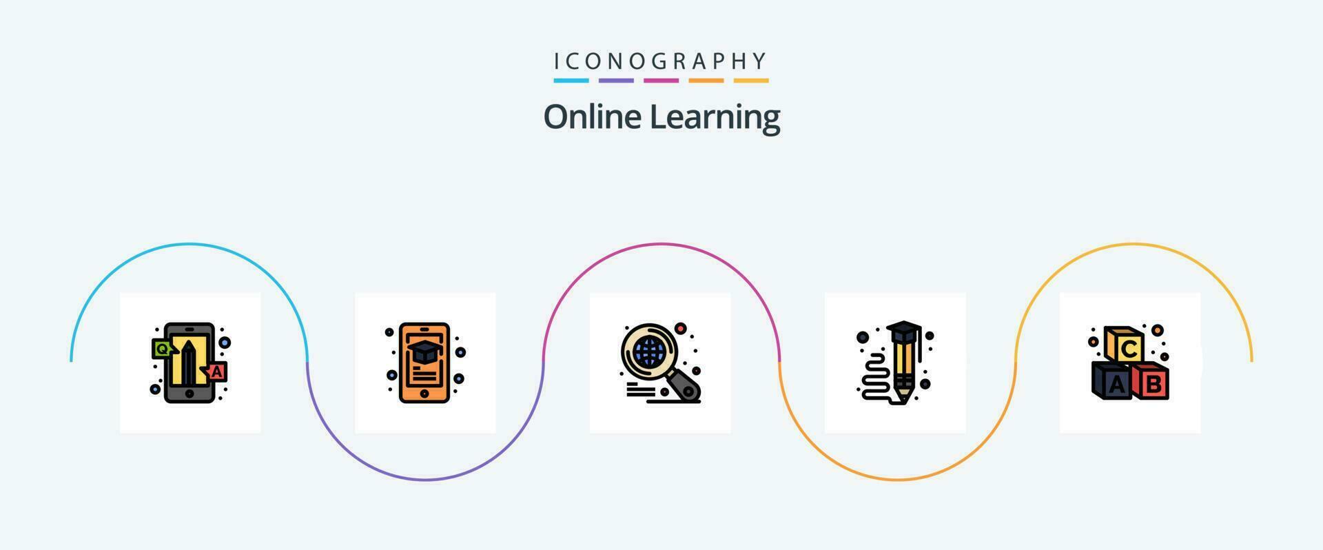 Online Learning Line Filled Flat 5 Icon Pack Including alphabet. pencil. smartphone. learning. art vector